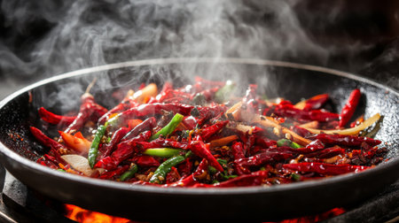 A close-up of colorful chilies and vegetables sizzling in a pan, creating an inviting aroma and vibrant visual appeal, perfect for culinary enthusiasts.の素材