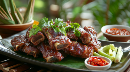 A vibrant plate of delicious grilled ribs garnished with fresh herbs. Served with spicy dipping sauces, this dish is perfect for gatherings and outdoor meals.の素材