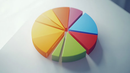A vibrant 3D pie chart representing data analysis sits on a table surface. This image captures the essence of business strategy and performance measurement.の素材