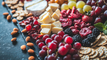 A beautiful arrangement of cheese and fruits showcasing a variety of textures and colors, perfect for entertaining or a healthy snack option.の素材
