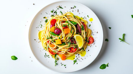 A vibrant plate of fresh vegetable pasta garnished with herbs and lemon. Perfect for healthy meals, this colorful dish embodies culinary delight.の素材