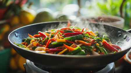 A vibrant assortment of fresh vegetables, including peppers and onions, stir-fried in a wok, releasing steam and showcasing a burst of colors and flavors.の素材