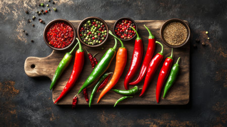 An artistic arrangement of fresh chili peppers and assorted spices captured on a wooden surface, perfect for culinary inspiration and food styling.の素材
