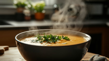 A steaming bowl of homemade soup garnished with fresh herbs, set in a cozy kitchen scene. Perfect for evoking warmth and comfort in any meal.の素材