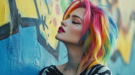 A stylish young woman with vibrant rainbow hair poses gracefully in front of a colorful urban mural, capturing a moment of artistic expression and individuality.の素材