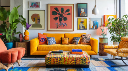 A vibrant living room featuring a stylish orange couch, colorful artwork on the walls, and lush indoor plants, creating a warm and inviting atmosphere.の素材