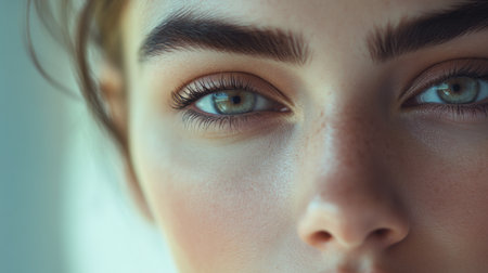 This close-up photograph captures the striking features and captivating gaze of a person. With soft lighting and a serene expression, it highlights natural beauty.の素材