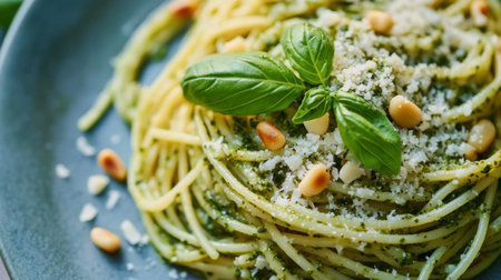 A vibrant bowl of fresh pasta topped with basil, pine nuts, and green sauce. Ideal for showcasing Italian cuisine and healthy meal options.の素材