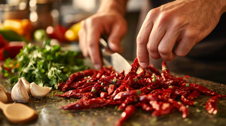A close-up of hands chopping dried chilis in a kitchen, surrounded by fresh herbs and garlic. Ideal for recipes, culinary art, and food preparation themes.の素材