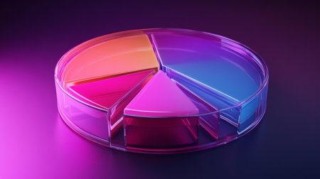 A vibrant and modern pie chart displayed in a glass dish, perfect for data visualization or presentation in business and education settings.の素材