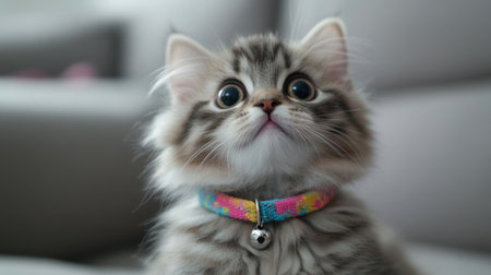 This captivating close-up features an adorable fluffy kitten with striking eyes and a colorful collar, embodying the joy and charm of pet companionship in a cozy home setting.の素材
