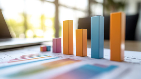 Vibrant bar graphs and charts on a table illustrate business analysis and data visualization, showcasing growth and performance metrics in a professional setting.の素材