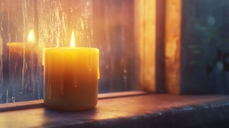 A warm candle sits by a window, casting a soft glow as droplets of moisture run down the glass. This serene scene evokes feelings of relaxation and tranquility.の素材