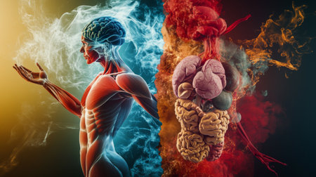 This vibrant illustration depicts the human anatomy, showcasing the brain and body elements in a dynamic, artistic representation emphasizing health and science.の素材
