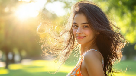 A young woman smiles radiantly in soft sunlight, showcasing her flowing hair and joy in a natural outdoor setting. Perfect for a cheerful lifestyle theme.の素材