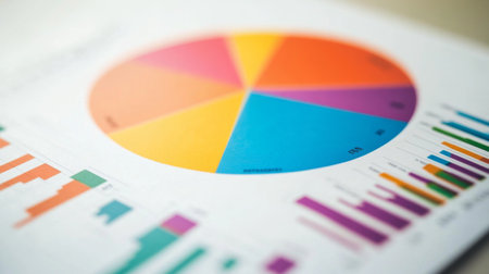 A vibrant data visualization featuring a pie chart and various graphs, ideal for business presentations, reports, and analytical insights.の素材