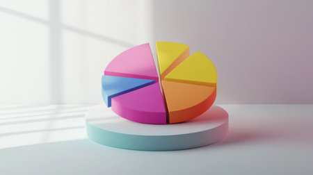 A vibrant and modern pie chart model displayed on a platform. Ideal for illustrating data visualization concepts, business reports, and analytics presentations.の素材