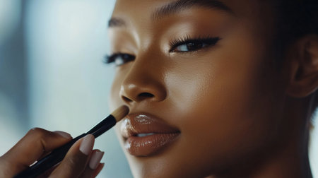 A close-up portrait of a woman enjoying a skincare application, highlighting her natural beauty. Smooth skin and expert cosmetics capture elegance and confidence.の素材