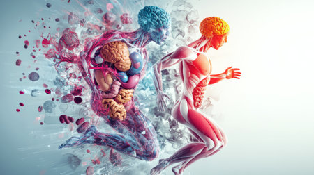 A vibrant illustration showcasing the connection between the brain and human anatomy, symbolizing energy, creativity, and dynamic movement in health and wellness.の素材