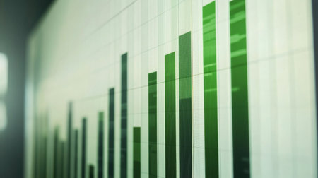 Close-up of a green bar chart showcasing trends and growth in data. This modern visualization represents financial statistics and performance analytics effectively.の素材