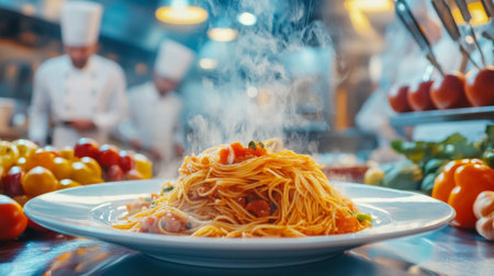 A steaming plate of pasta rests on a pristine white dish, showcasing the art of culinary preparation in a bustling professional kitchen filled with fresh ingredients.の素材