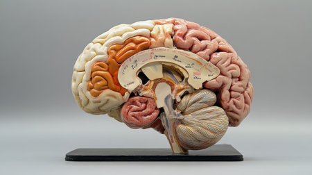 This detailed model displays a cross-section of the human brain, showcasing its intricate structures and regions for educational and scientific purposes. Ideal for learning and research.の素材