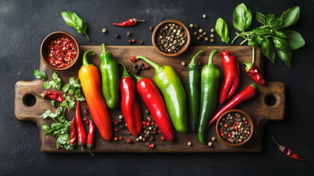 A vibrant assortment of fresh chili peppers displayed on a wooden board, perfect for culinary inspiration, cooking classes, or gourmet presentations.の素材