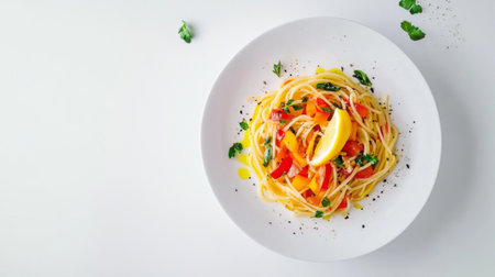 A vibrant fresh pasta dish featuring colorful vegetables and a slice of lemon, beautifully presented on a white plate, perfect for culinary inspiration.の素材