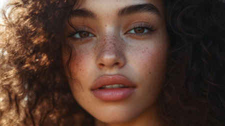 A captivating close-up portrait of a young woman with curly hair and freckles. This image conveys beauty, freshness, and a serene expression, perfect for lifestyle themes.の素材