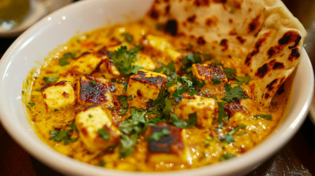 A delicious serving of creamy paneer in a rich sauce, garnished with fresh cilantro, paired with warm naan bread, ideal for food enthusiasts.の素材