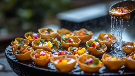 A stunning array of colorful snacks served on a platter, highlighting fresh ingredients and vibrant toppings, perfect for festive gatherings or special occasions.の素材