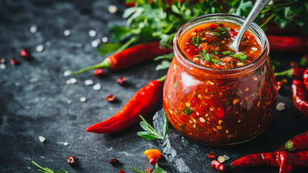 A vibrant glass jar filled with spicy chili sauce surrounded by fresh red peppers and herbs, perfect for adding flavor to any culinary dish.の素材