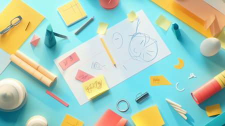 A vibrant and organized creative workspace featuring sketches, colored supplies, and various design tools, ideal for inspiration and productivity.の素材