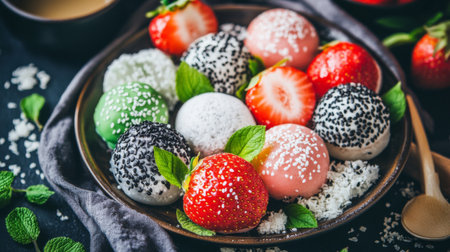 A vibrant plate featuring an array of colorful desserts paired with fresh strawberries and mint leaves, perfect for a sweet indulgence or celebration.の素材