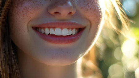 A close-up portrait of a young woman with a natural smile, featuring freckles and bright, white teeth. The sunlit background adds a joyful, warm atmosphere.の素材