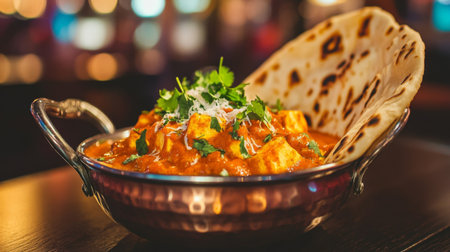 A vibrant Indian curry featuring paneer in a rich tomato sauce, garnished with fresh herbs and served with traditional flatbread. Perfect for food lovers.の素材