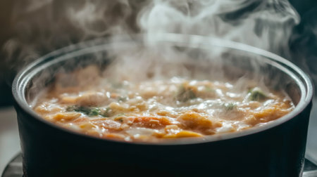 A steaming pot of soup sits on the stove, exuding warmth and comfort. The vibrant colors of the fresh ingredients create an inviting atmosphere, perfect for a cozy meal.の素材