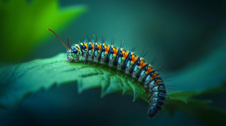 This macro shot features a colorful caterpillar resting on a green leaf, showcasing its vivid orange and blue patterns among the natural foliage.の素材