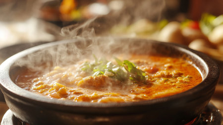 A steaming bowl of hearty stew showcases rich flavors and vibrant ingredients. Perfect for illustrating comfort food and culinary delights in kitchens.の素材