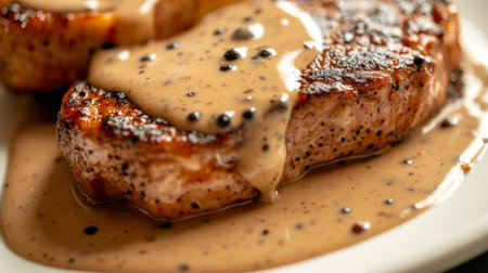 Enjoy a close-up view of perfectly grilled meat drizzled with rich creamy sauce, showcasing the delightful flavors and textures of a delicious meal.の素材