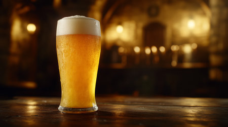 A beautifully served glass of beer with frothy foam, set against a warm, inviting bar atmosphere, perfect for a cozy night out or celebration.の素材