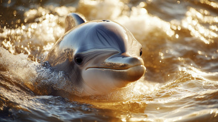 A playful dolphin swims gracefully through shimmering waters, showcasing its charm and essence in a serene marine environment. Ideal for wildlife enthusiasts.の素材