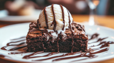 A mouthwatering brownie topped with creamy ice cream and drizzled with rich chocolate sauce, perfect for dessert lovers. Ideal for food photography.の素材