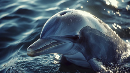 A close-up photograph of a playful dolphin breaching the water surface, showcasing its sleek body and glistening skin in a serene marine environment.の素材