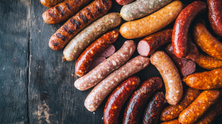 A beautiful display of various sausages arranged on a rustic wooden table, showcasing a rich diversity of textures and colors, perfect for culinary inspiration.の素材