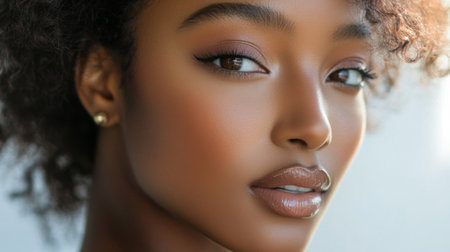 A stunning close-up portrait of a young woman showcasing her natural beauty with captivating eyes and radiant skin, ideal for beauty and lifestyle themes.の素材