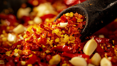 A closeup of vibrant spices including chili and garlic, showcasing rich textures and colors. Perfect for culinary inspirations and recipes.の素材