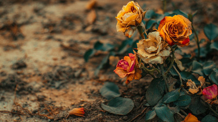 A close-up view of dried roses on the ground, capturing the beauty and decay of nature. The rich colors and textures reflect an organic, tranquil scene.の素材