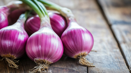 A close-up of fresh purple onions arranged on a rustic wooden table. This image captures the vibrant colors and natural textures, ideal for culinary themes and healthy eating.の素材