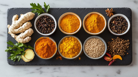 A beautiful assortment of colorful spices displayed on a slate board, featuring turmeric, pepper, and star anise. Perfect for culinary inspiration.の素材